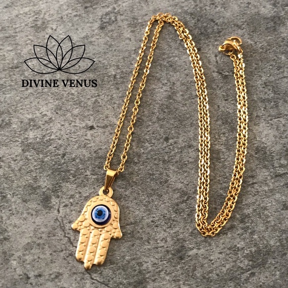 Hamsa Evil Eye Gold Plated Stainless Steel Neckace - Picture 1 of 5
